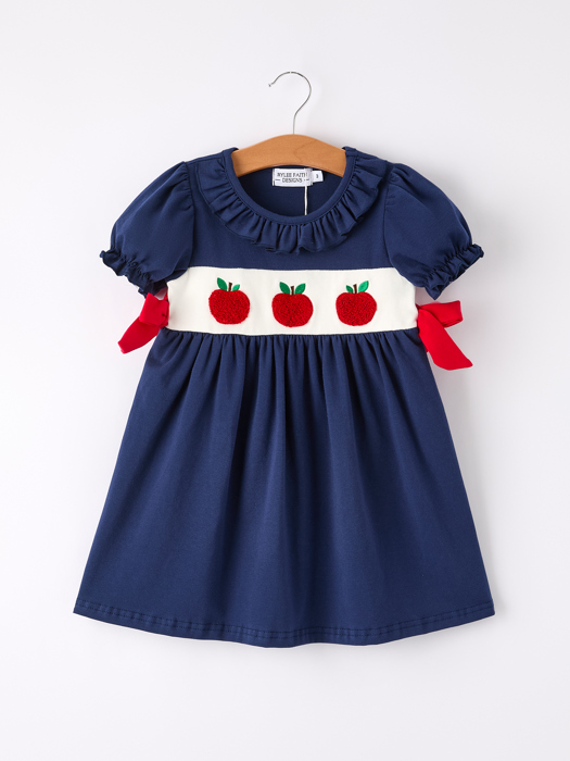 Back To School Navy Bow Apple Applique Toddler Girls Dress