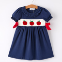  Back To School Navy Bow Apple Applique Toddler Girls Dress
