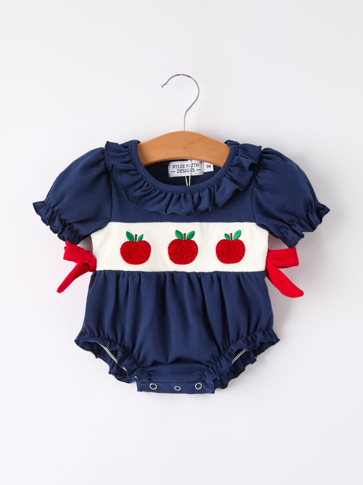 Back-To-School Navy Bow Apple Applique Baby Girls Romper