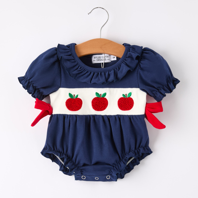 Back-To-School Navy Bow Apple Applique Baby Girls Romper