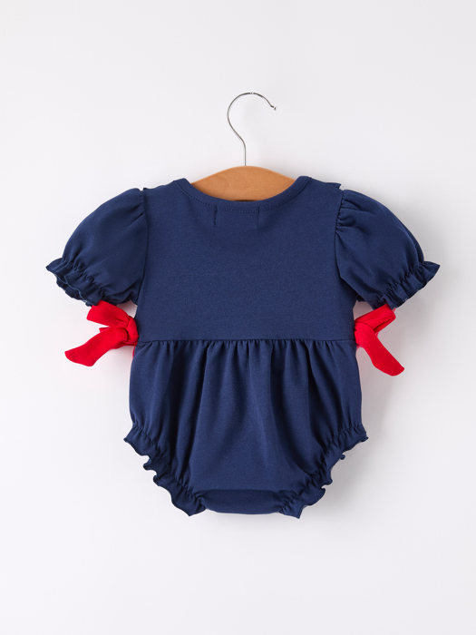 Back-To-School Navy Bow Apple Applique Baby Girls Romper