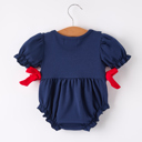  Back-To-School Navy Bow Apple Applique Baby Girls Romper