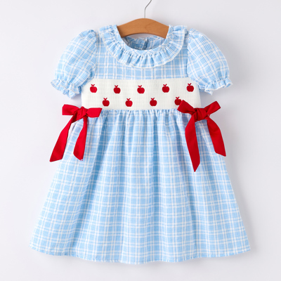 Back To School Blue Plaid Girls Cotton Dress