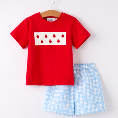Boys Back to School Apple Smock Embroidered Plaid Set