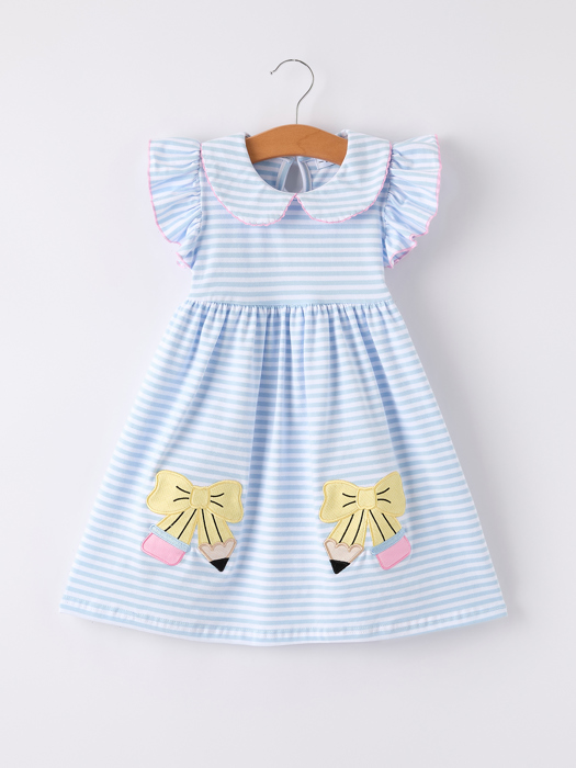 Back To School Toddler Girls Stripe Pencil Applique Bow Dress