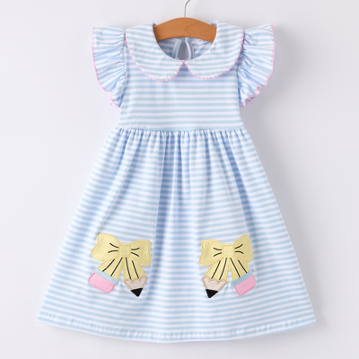 Back To School Toddler Girls Stripe Pencil Applique Bow Dress