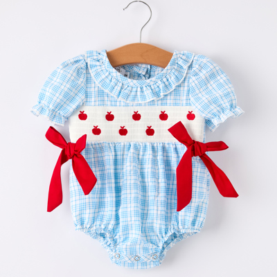 Back-To-School Apple Embroidery Plaid Baby Girls' Romper