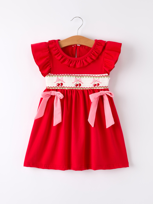 Red Cherry Bow Smocking Embroidery Toddler Girls' Dress