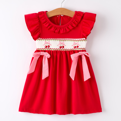 Red Cherry Bow Smocking Embroidery Toddler Girls' Dress