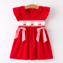  Red Cherry Bow Smocking Embroidery Toddler Girls' Dress