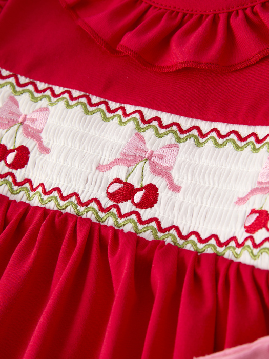 Red Cherry Bow Smocking Embroidery Toddler Girls' Dress
