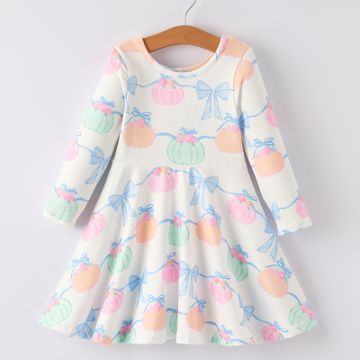 Fall Halloween & Thanksgiving Pumpkin Bow Print Long Sleeve Toddler Girls Dress