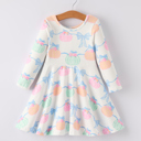  Fall Halloween & Thanksgiving Pumpkin Bow Print Long Sleeve Dress