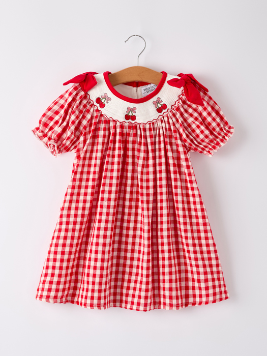 Red Cherry Bow Plaid Smocking Embroidery Girls' Dress