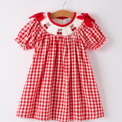 Red Cherry Bow Plaid Smocking Embroidery Girls' Dress
