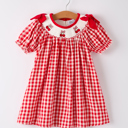  Red Cherry Bow Plaid Smocking Embroidery Girls' Dress