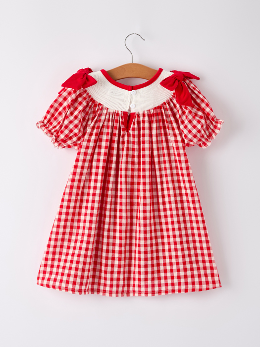 Red Cherry Bow Plaid Smocking Embroidery Girls' Dress