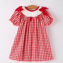  Red Cherry Bow Plaid Smocking Embroidery Girls' Dress