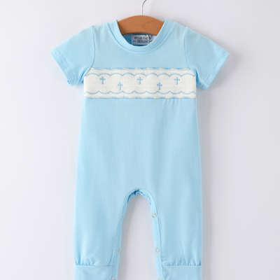 Blue Smocked Church Christ Bishop Christening Baby Boys' Romper
