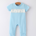  Blue Smocked Church Christ Bishop Christening Baby Boys' Romper