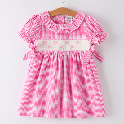 Bow Embroidered Plaid Girl Dress
