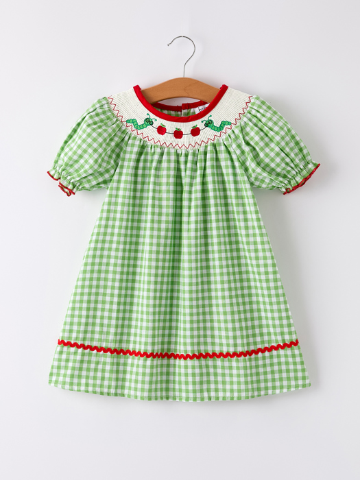 Back To School Toddler Girls Green Plaid Smocking Dress