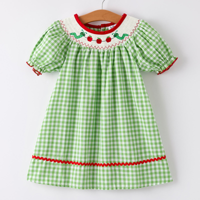 Back To School Toddler Girls Green Plaid Smocking Dress