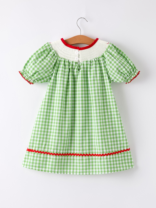 Back To School Girls Green Plaid Smocking Dress