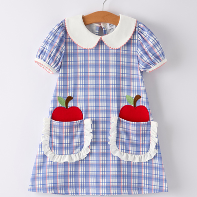 BACK TO SCHOOL Pocket Applique Check Girls Dress