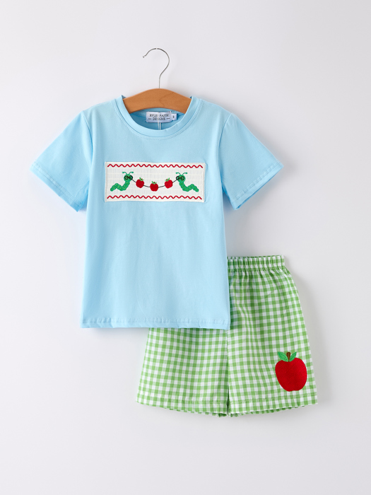 Toddler Boys Back to School Smock Embroidered Top+ Plaid Shorts
