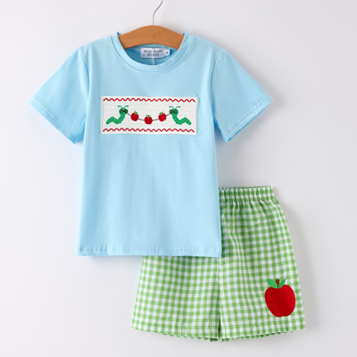 Boys Back to School Smock Embroidered Top+ Plaid Shorts