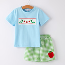  Toddler Boys Back to School Smock Embroidered Top+ Plaid Shorts