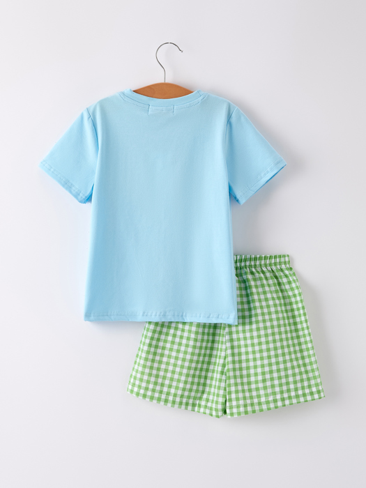 Toddler Boys Back to School Smock Embroidered Top+ Plaid Shorts
