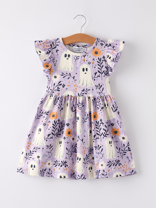 Halloween Purple Ghost Flying Sleeve Girls Dress
