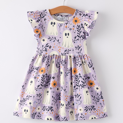 Halloween Purple Ghost Flying Sleeve Girls Dress