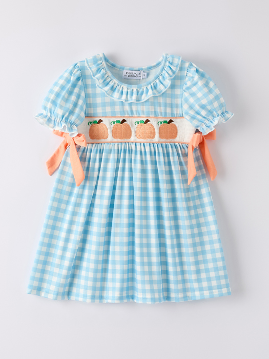 Fall Halloween & Thanksgiving Pumpkin Embroidery Smocking Blue Plaid Toddler Girls Dress