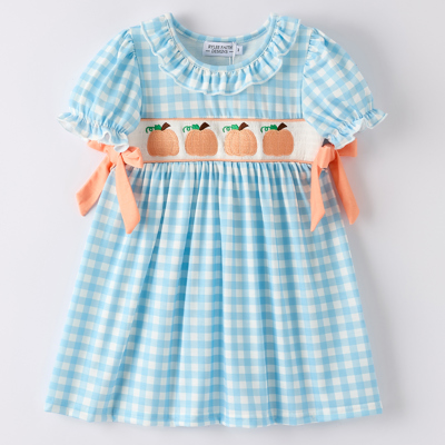 Fall Halloween & Thanksgiving Pumpkin Embroidery Smocking Blue Plaid Toddler Girls Dress