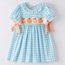  Fall Halloween & Thanksgiving Pumpkin Embroidery Smocking Blue Plaid Toddler Girls Dress
