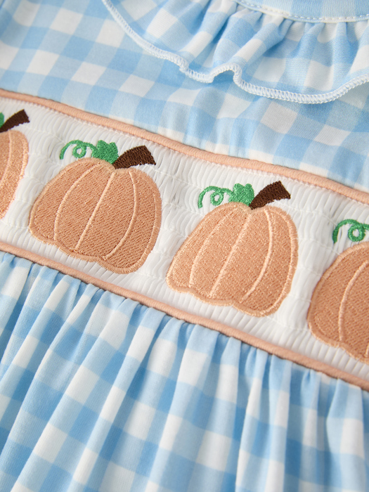 Fall Halloween & Thanksgiving Pumpkin Embroidery Smocking Blue Plaid Toddler Girls Dress