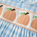  Fall Halloween & Thanksgiving Pumpkin Embroidery Smocking Blue Plaid Toddler Girls Dress