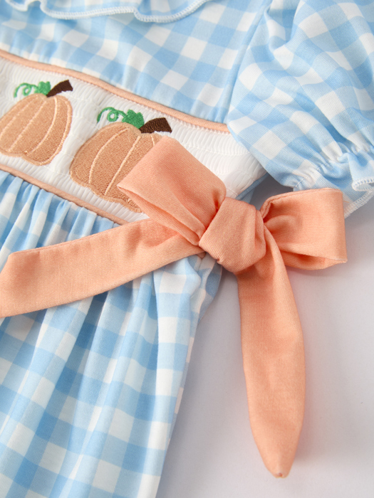 Fall Halloween & Thanksgiving Pumpkin Embroidery Smocking Blue Plaid Toddler Girls Dress