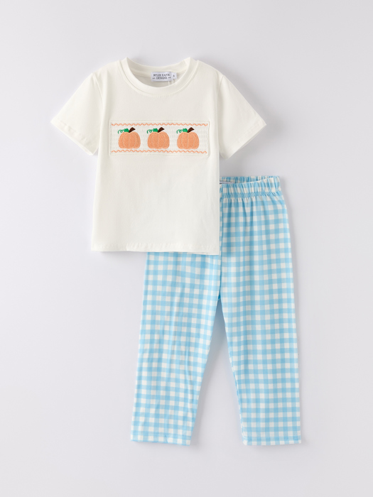 Boys Fall Halloween & Thanksgiving Pumpkin Embroidery Smocking Blue Plaid Toddler Boy Set