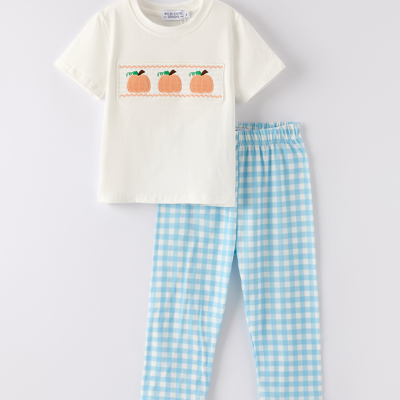 Boys Fall Halloween & Thanksgiving Pumpkin Embroidery Smocking Blue Plaid Toddler Boy Set