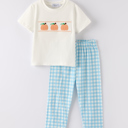  Boys Fall Halloween & Thanksgiving Pumpkin Embroidery Smocking Blue Plaid Toddler Boy Set