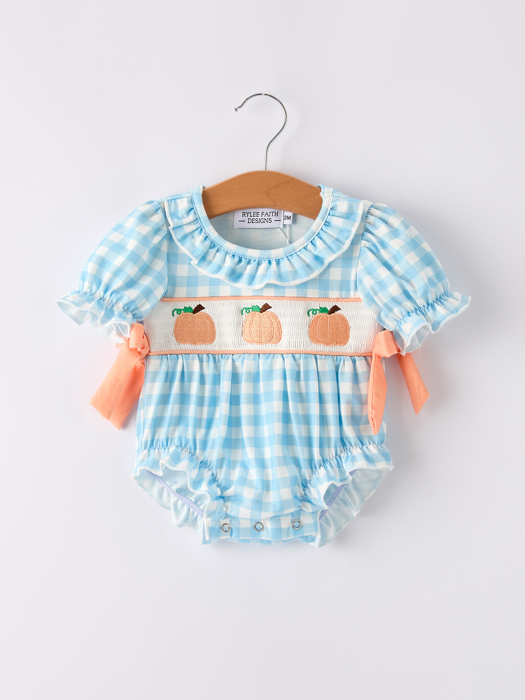 Fall Halloween & Thanksgiving Pumpkin Embroidery Smocking Blue Plaid Baby Romper