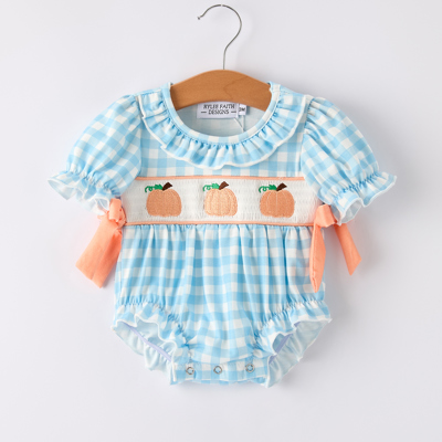 Fall Halloween & Thanksgiving Pumpkin Embroidery Smocking Blue Plaid Baby Romper