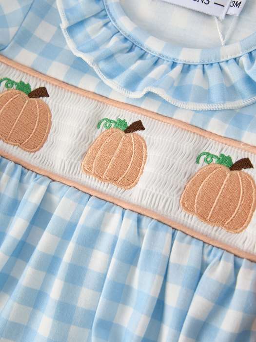 Fall Halloween & Thanksgiving Pumpkin Embroidery Smocking Blue Plaid Baby Romper