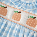  Fall Halloween & Thanksgiving Pumpkin Embroidery Smocking Blue Plaid Baby Romper