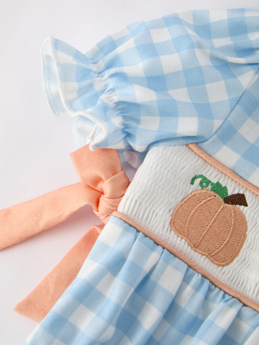 Fall Halloween & Thanksgiving Pumpkin Embroidery Smocking Blue Plaid Baby Romper