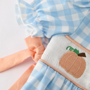  Fall Halloween & Thanksgiving Pumpkin Embroidery Smocking Blue Plaid Baby Romper